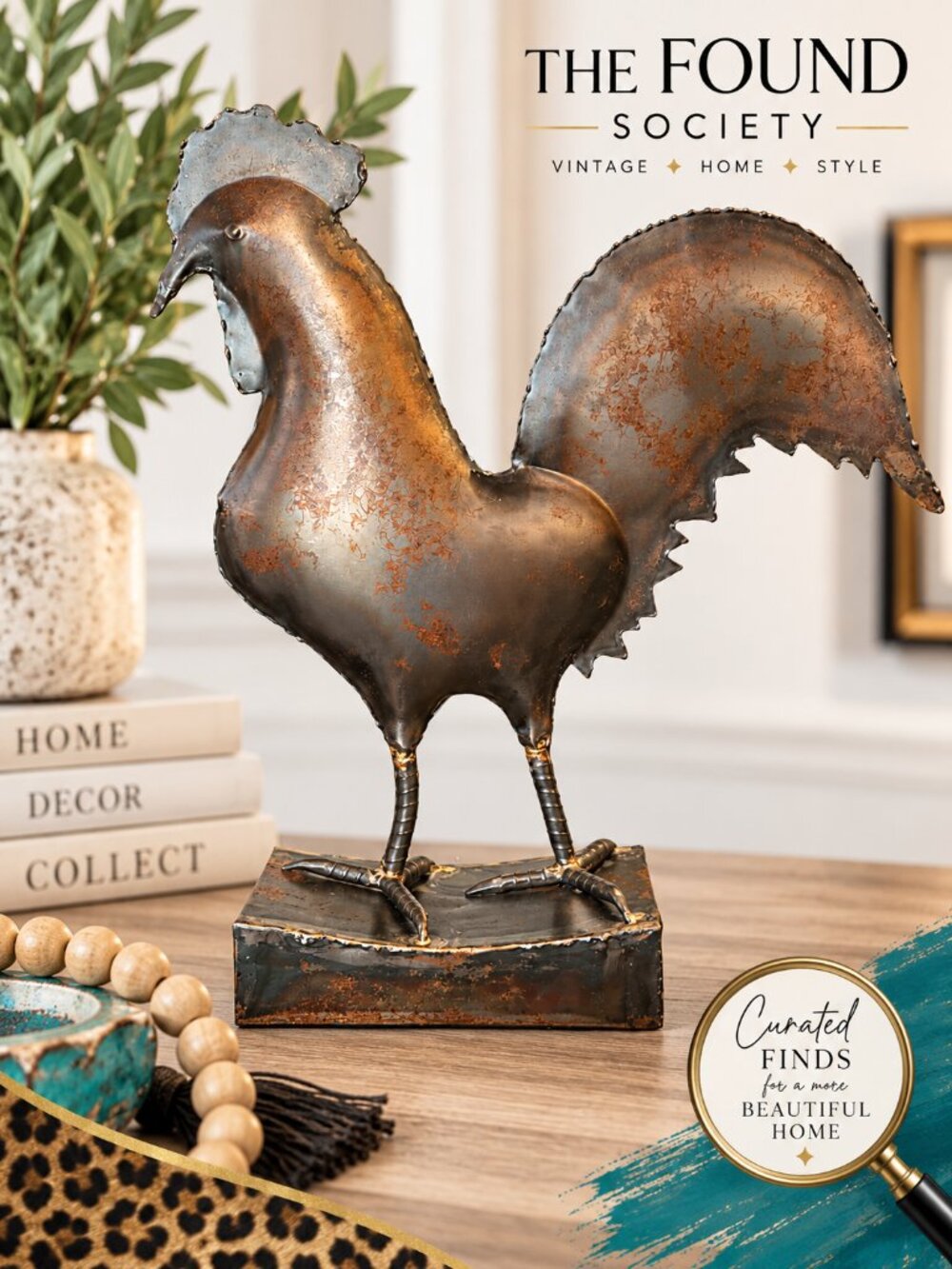 Pottery Barn Metal Rooster Sculpture Rustic Patina Farmhouse Decor 16"